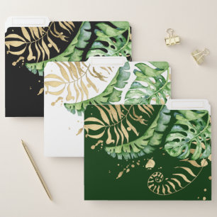 Tropical monstera leaf green gold watercolor trio file folder