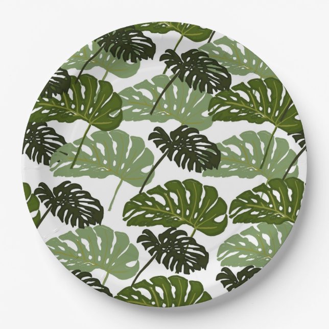 Tropical Monstera Leaf Green  Paper Plates (Front)