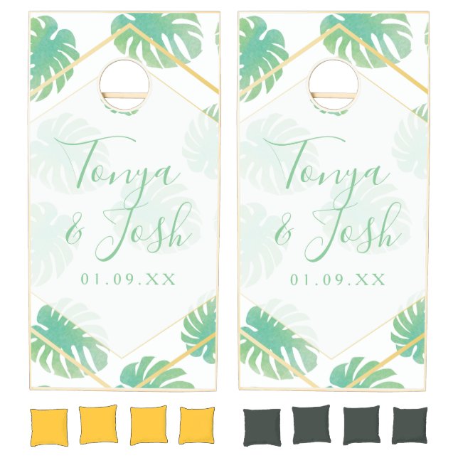 Tropical Monstera Leaf Green Wedding Couples Cornhole Set (Set)