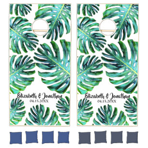 Tropical Monstera Leaf Greenery Wedding Cornhole Set
