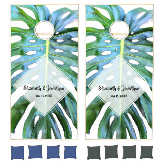 Tropical Monstera Leaf Greenery Wedding Cornhole Set