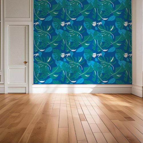 Tropical Monstera Leaf in Blue Green and White  Wallpaper