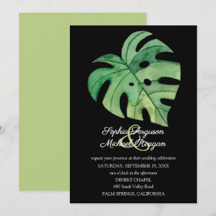Tropical Monstera Leaf on Black Wedding Invites