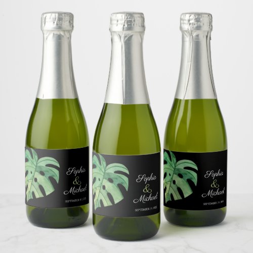 Tropical Monstera Leaf on Black Wedding MINI Champagne Label