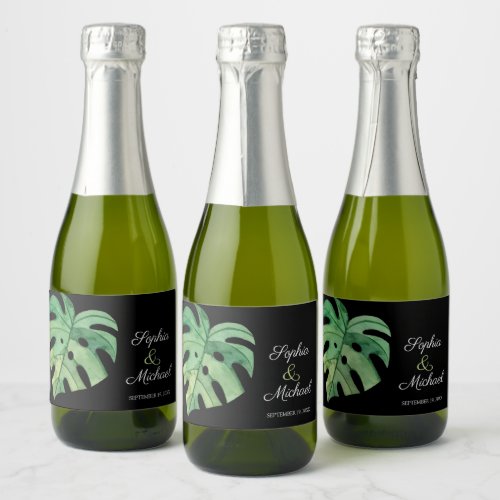 Tropical Monstera Leaf on Black Wedding MINI Sparkling Wine Label