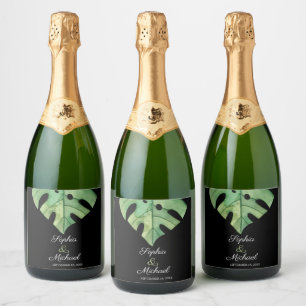 Tropical Monstera Leaf on Black Wedding Sparkling Wine Label