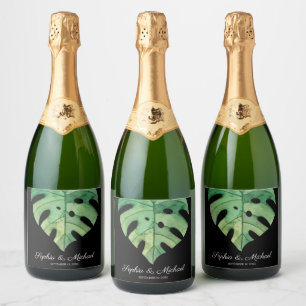Tropical Monstera Leaf on Black Wedding Sparkling Wine Label
