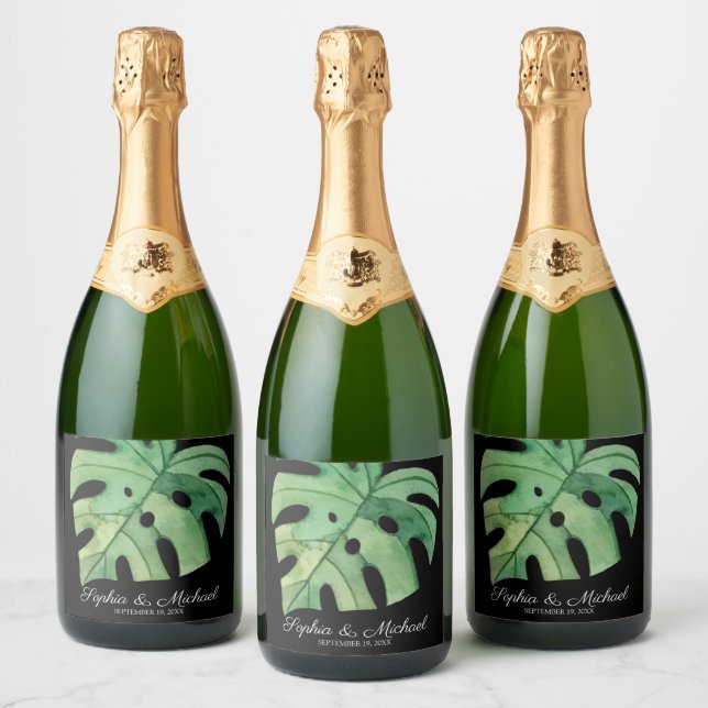 Tropical Monstera Leaf on Black Wedding Sparkling Wine Label (Bottles)
