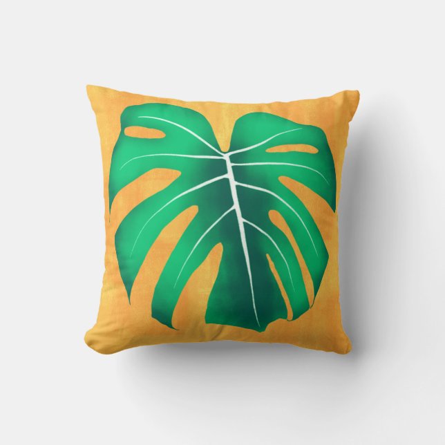 Tropical Monstera Leaf on Yellow Throw Pillow (Front)