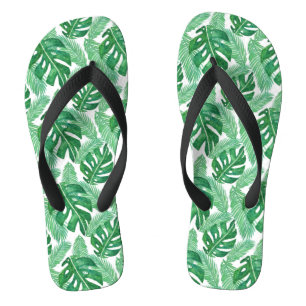 Tropical Monstera Leaf Pattern Green and White Flip Flops