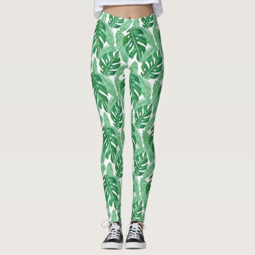 Tropical Monstera Leaf Pattern Green and White Leggings