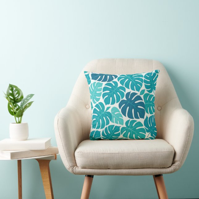 Tropical Monstera Leaf Pattern in Blue and Teal Throw Pillow (Chair)