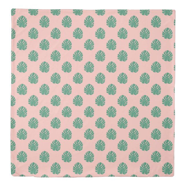 Tropical Monstera Leaf Pattern in Pink and Green  Duvet Cover (Front)