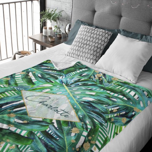 Tropical Monstera Leaf Pattern Modern Fleece Blanket