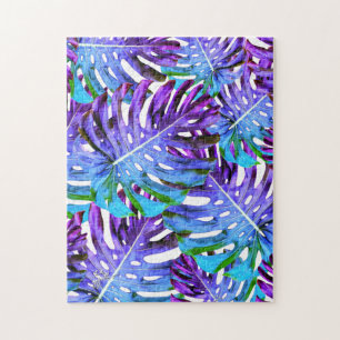 Tropical Monstera Leaf Pattern Purple Jigsaw Puzzle