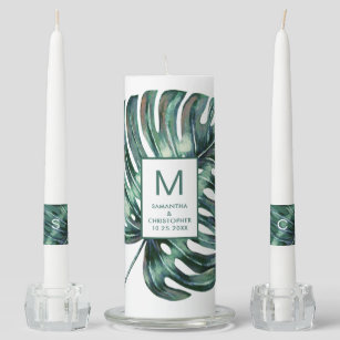 Tropical Monstera Leaf Personalized Beach Wedding Unity Candle Set