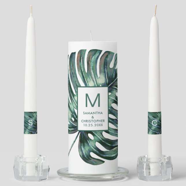 Tropical Monstera Leaf Personalized Beach Wedding Unity Candle Set (Front)