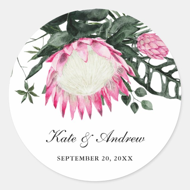 Tropical Monstera Leaf | Protea Floral Wedding  Classic Round Sticker (Front)