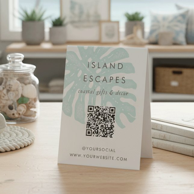Tropical Monstera Leaf QR Code Business Table Tent (Creator Uploaded)