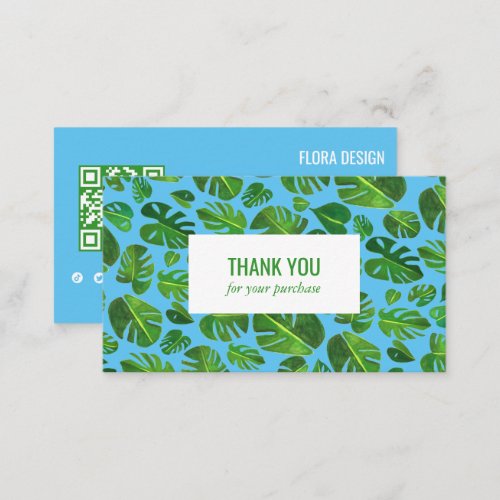 Tropical Monstera Leaf QR Code Social Icons Thanks Business Card