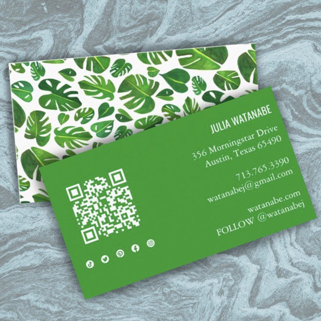 Tropical Monstera Leaf QR Code Social Media Chic Business Card (Creator Uploaded)