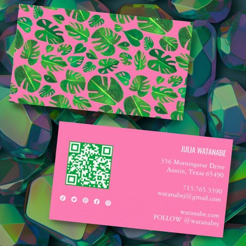 Tropical Monstera Leaf QR Code Social Media Pink Business Card