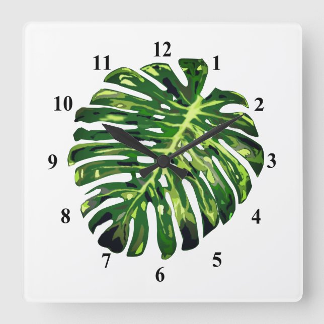 Tropical Monstera Leaf Square Wall Clock (Front)