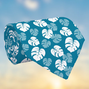 Tropical Monstera Leaf Teal Turquoise White Floral Neck Tie