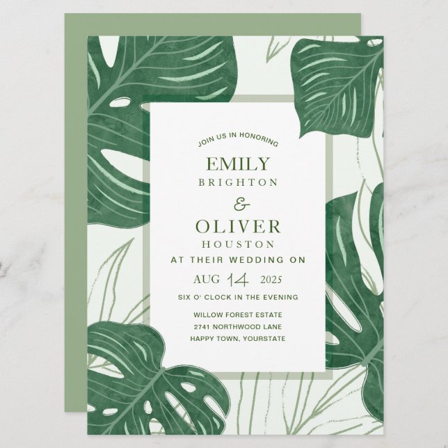 Tropical Monstera leaf wedding invitations (Front/Back)