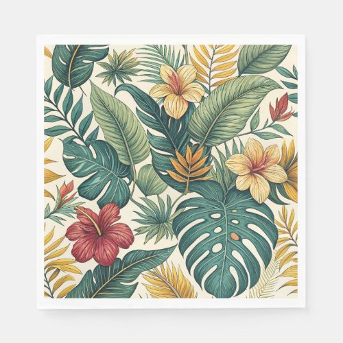 Tropical Monstera Leaf With Hibiscus  Napkins