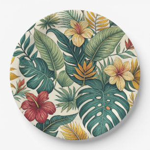 Tropical Monstera Leaf With Hibiscus Paper Plates