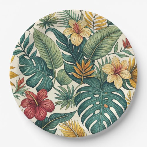 Tropical Monstera Leaf With Hibiscus  Paper Plates
