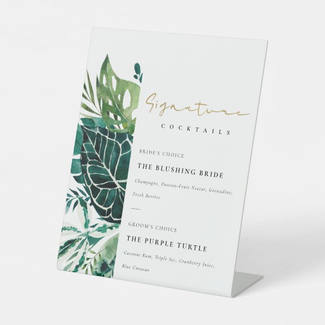 Tropical Monstera Leafy Signature Drinks Cocktails Pedestal Sign (Front)