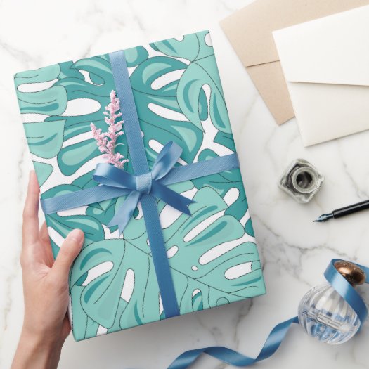 Tropical Monstera Leave Blue and White Watercolor Wrapping Paper