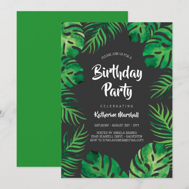 Tropical Monstera Leaves Birthday Party 2 Invitation (Front/Back)