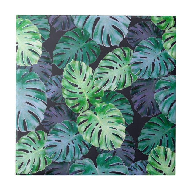 Tropical Monstera Leaves Ceramic Tile (Front)