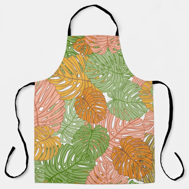 Tropical monstera leaves, colorful seamless patter apron (Front)