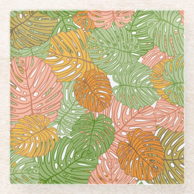 Tropical monstera leaves, colorful seamless patter glass coaster (Front)