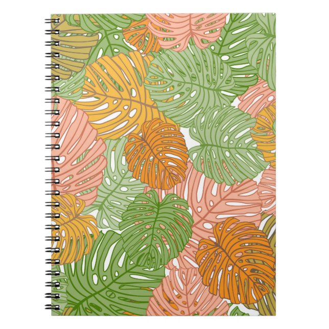Tropical monstera leaves, colorful seamless patter notebook (Front)