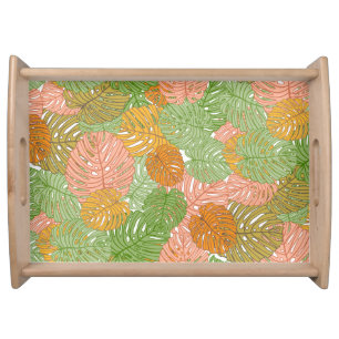 Tropical monstera leaves, colorful seamless patter serving tray