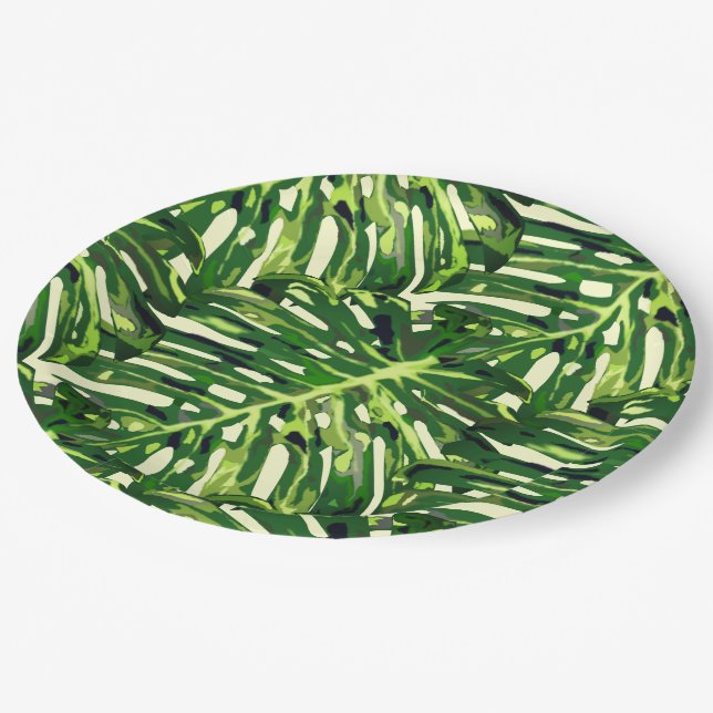 Tropical Monstera Leaves - Exotic Paper Plates (Angled)