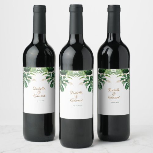 Tropical Monstera Leaves Green  Gold Trim Wine Label