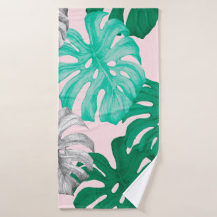 Tropical monstera leaves hand drawn illustration p bath towel