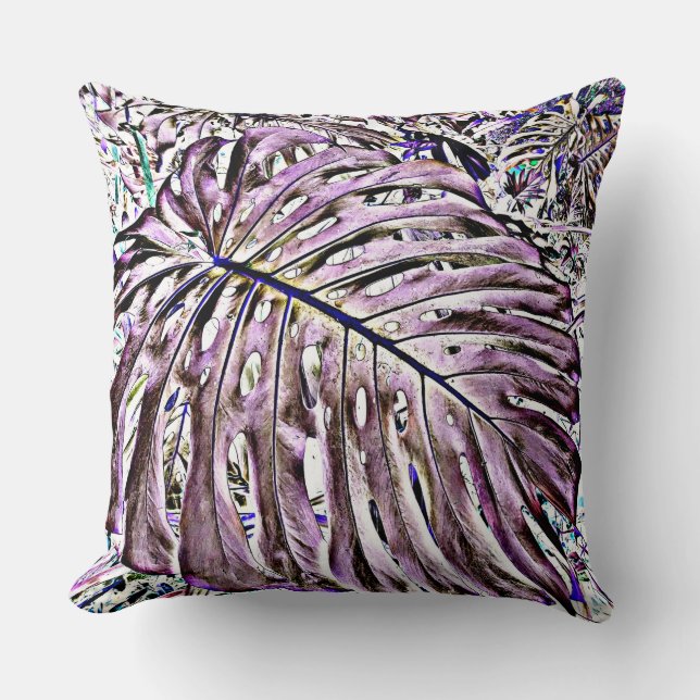 Tropical Monstera Leaves in Purple Throw Pillow (Front)