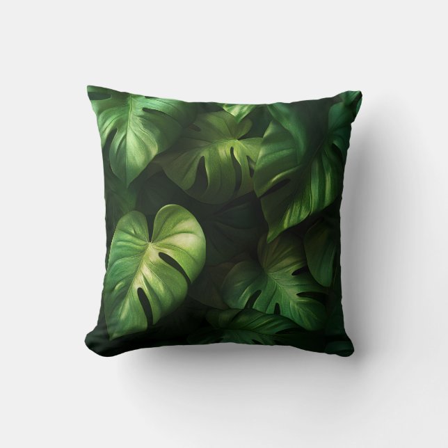 Tropical Monstera Leaves - Luxury Green Design Throw Pillow (Front)
