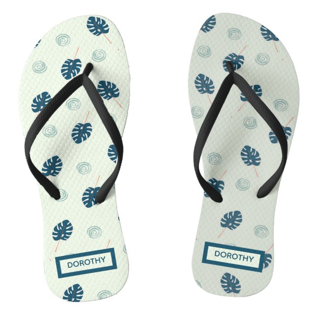 Tropical monstera leaves monogram on blue flip flops (Footbed)