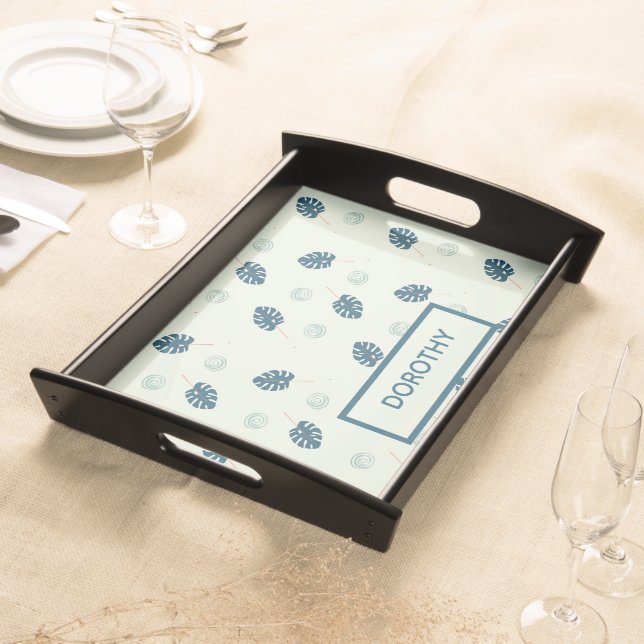 Tropical monstera leaves monogram on blue serving tray (Front)
