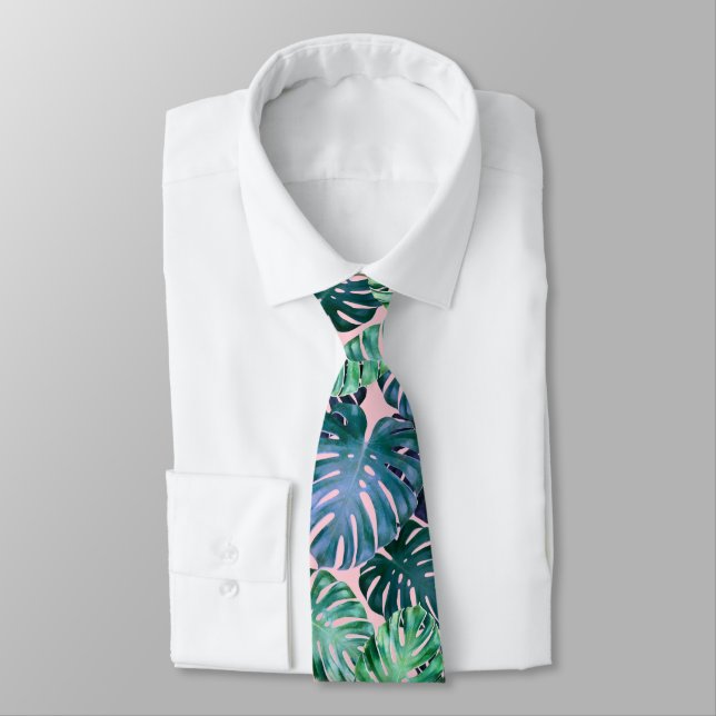 Tropical Monstera Leaves Neck Tie (Tied)