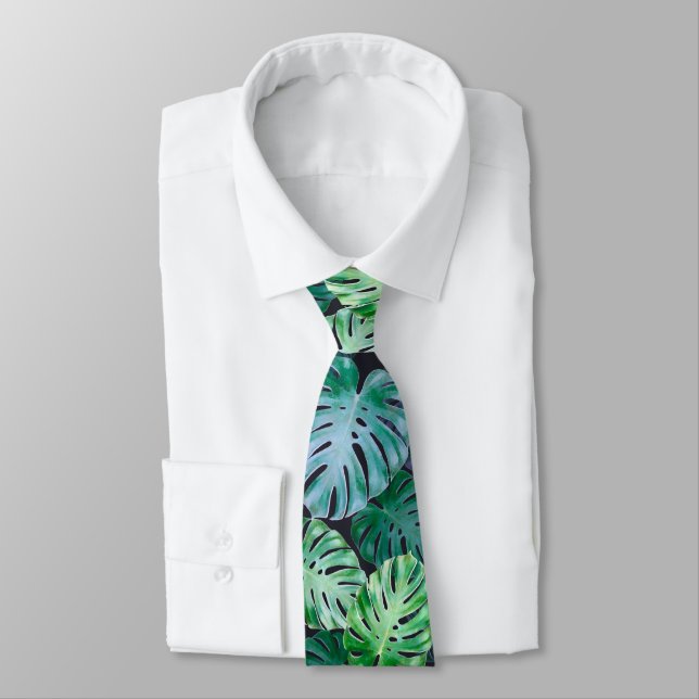 Tropical Monstera Leaves Neck Tie (Tied)