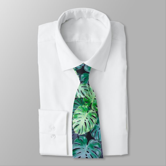 Tropical Monstera Leaves Neck Tie (Tied)